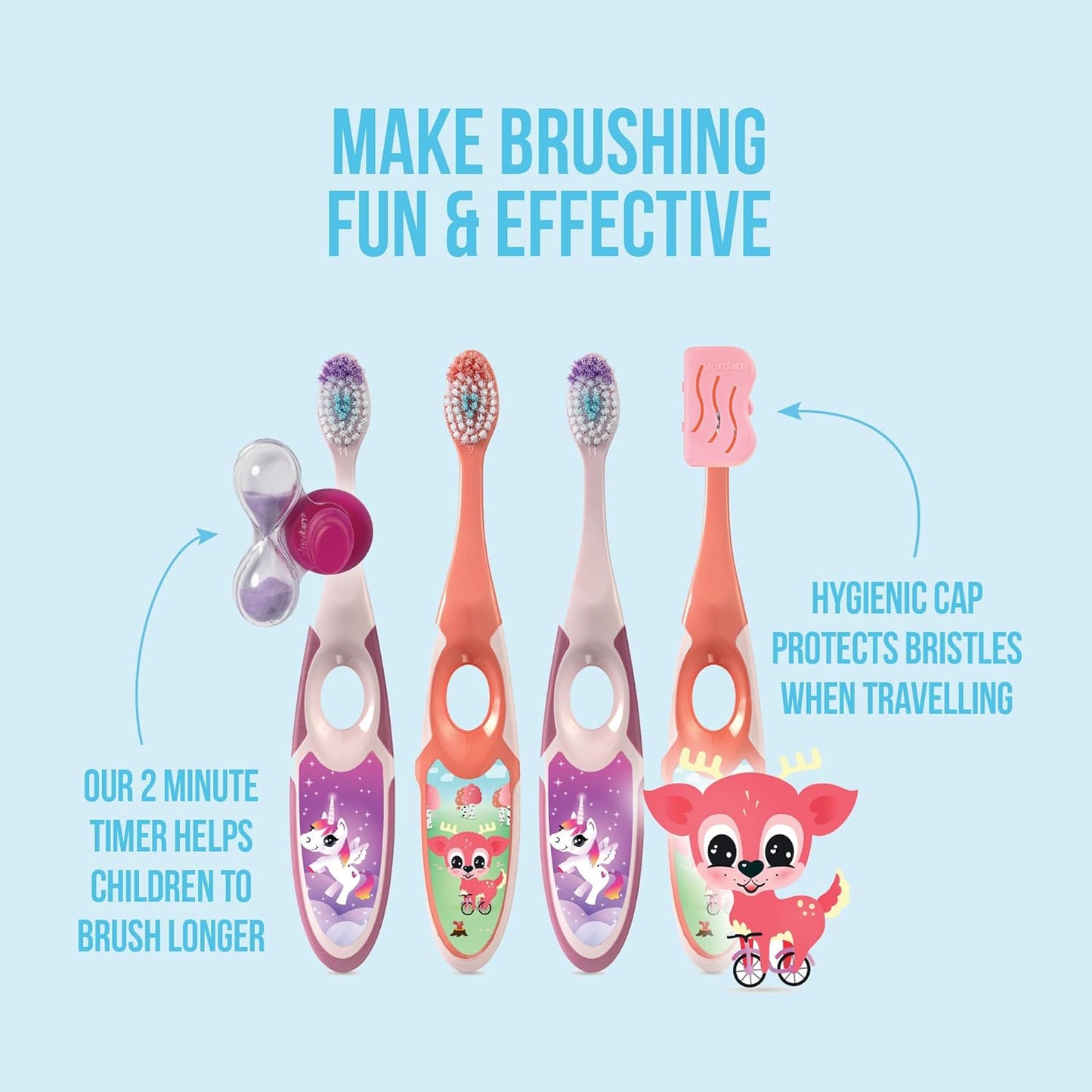 Jordan* Step 2 Kids Toothbrush, 3-5 Years, Soft Bristles, BPA Free (4 Pack) Pink & Yellow