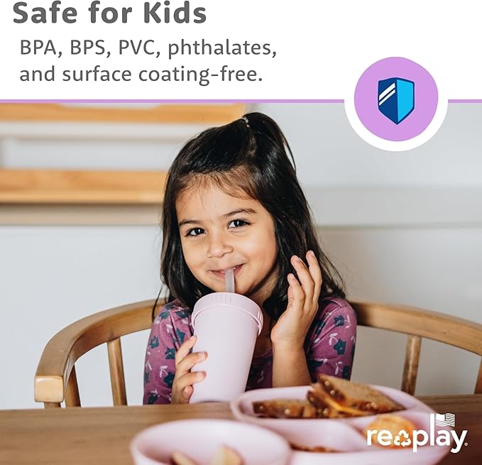 Re-Play 10 oz. Straw Cups for Kids with Silicone Locking Straws - Dishwasher & Microwave Safe - Made in USA - Set of 4-7.37" x 7.37" x 1.25" - Meadow