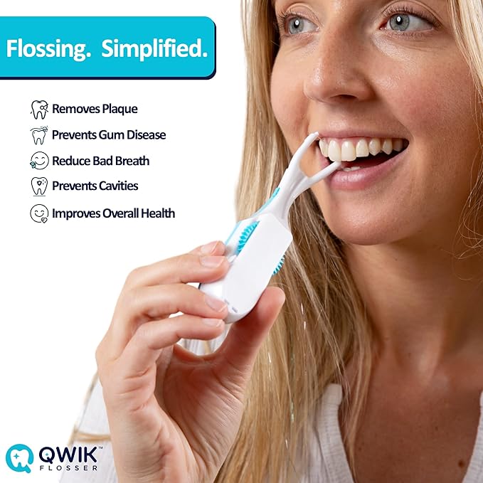 QWIK Automatic Dental Flosser | Click-to-Use, Reusable & Refillable | Pre-Loaded Floss with Travel Cover | Easy Flossing for Plaque Removal, Clean Teeth & Fresh Breath (Green)