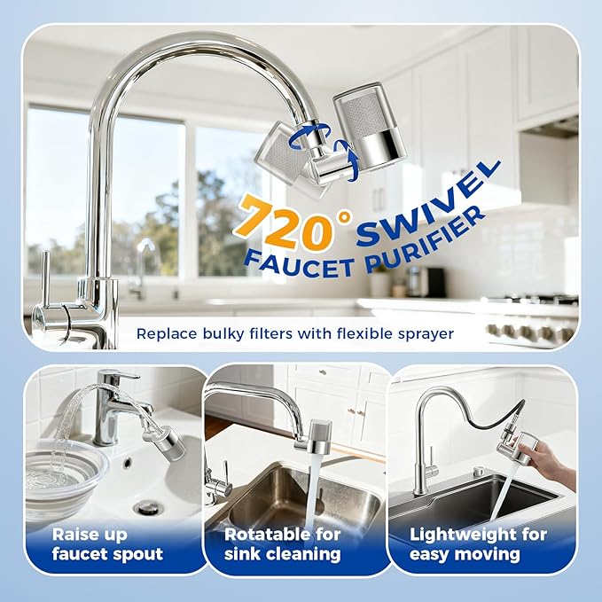 KLLEYNA Pull-Down Faucet-Mount Water Filters - (22 Adapters)Swivel 720° Sink Tap Filtration, Pressurized High Flow 2-Mode Spray, Active Carbon Purifier Reduce Chlorine for Great Taste,Last 528 Gallons