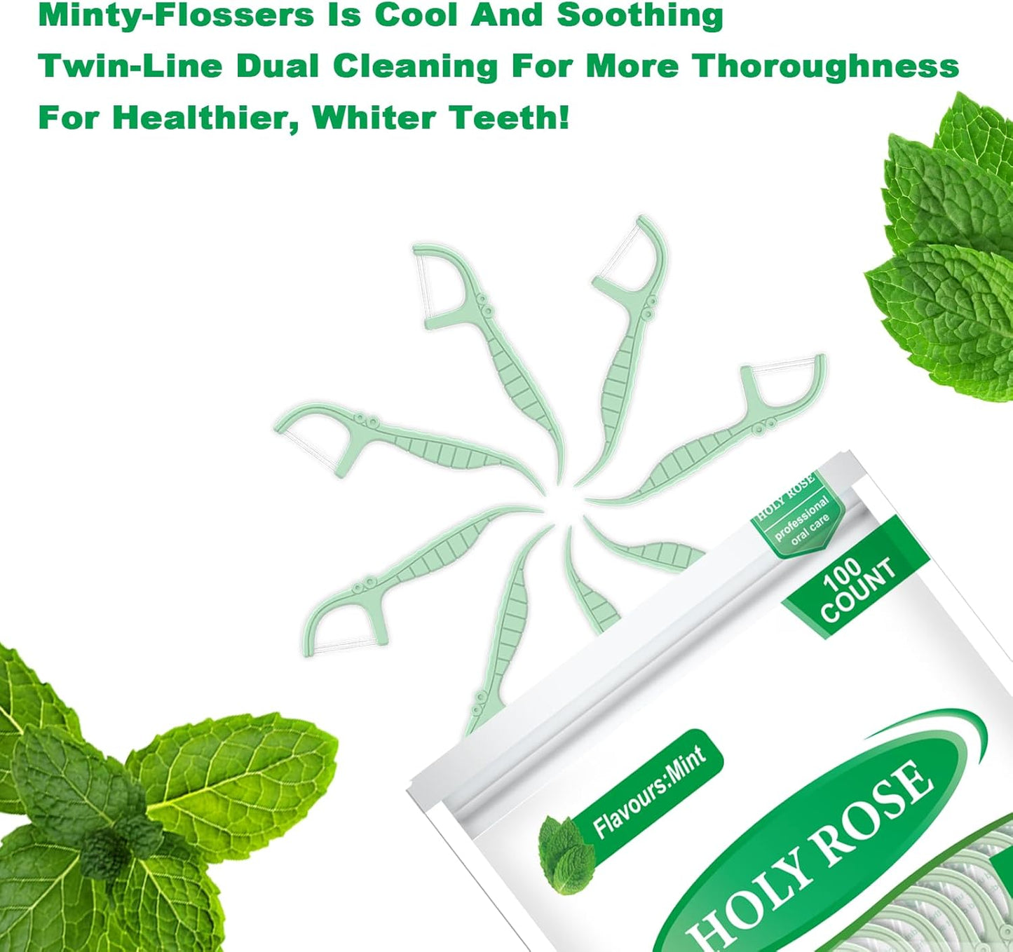 Holy Rose Mint Twin Line Dental Floss Picks - 300 Count Pack, Dual-Action Cleaning Teeth Tool Kit,for Adults Flosser Sticks, for Oral Removal Care Comfort Dental Floss Toothpick.