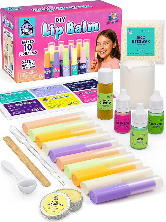 PURPLE LADYBUG DIY Lip Balm Making Kit - Girls Christmas Gift Idea for 8-12 Tweens & Teens, Gifts for 9 Year Old Girls - Natural Lip Care Craft, Make Your Own Lip Balm with 3 Flavors, STEM Science