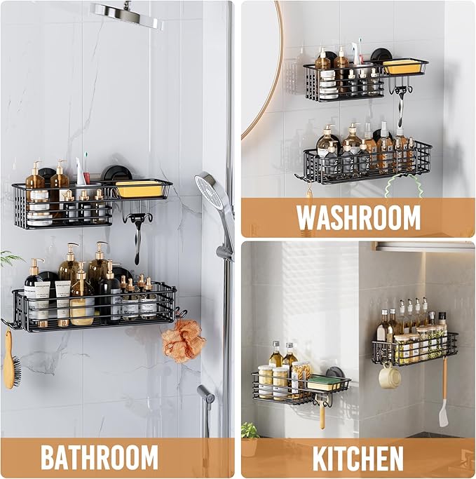 LEVERLOC Shower Caddy Suction Cup, 2 Pack Shower Shelves for Inside Shower with Hooks & Soap Holder, NO-Drilling Bathroom Shower Organizer, Rustproof Meatl Shower Holder Storage, Black