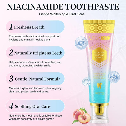 Niacinamide Whitening Toothpaste – Intensive Triple Whitening Toothpaste for Deep Stain Removal, Fresh Breath, Natural Mint & Peach Flavor, Gentle Formula Improves Gum Health, 3.5oz