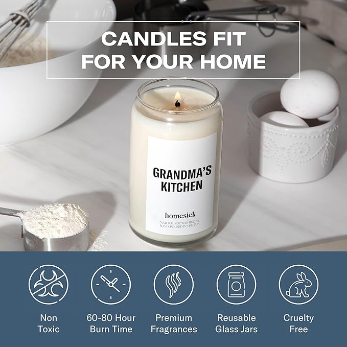 Homesick Scented Candles for Home (Grandma's Kitchen) - 13.75 oz Long-Lasting Natural Soy Wax Blend Jar Candle Gifts for Women & Men, 60-80 Hours Burn Time - Notes of Butter, Apple & Cream