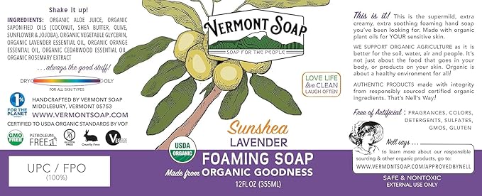 VERMONT SOAP Organic Lavender Foaming Hand Soap - Natural Moisturizing Soap for Dry Skin - Fragrance Free Liquid Bathroom Hand Soap Dispenser - Lavender - 12 oz