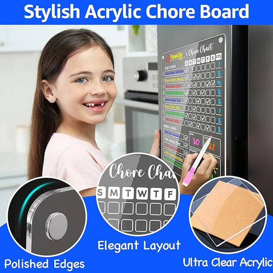 PigPotParty Acrylic Magnetic Chore Chart for Kids on Fridge – 2 Pack 9.5"x12" Weekly Dry Erase Chore Board with 8 Fine Tip Colorful Markers and 1 Towel – for Multiple Kids, Teens and Family