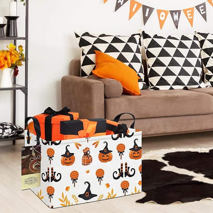 HUNRUNG Rectangle Storage Basket Cute Canvas Organizer Bin for Pet/Children Toys, Books, Clothes Perfect for Rooms/Playroom(REC-Candy Pumpkin)