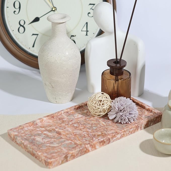 Solid Natural Marble Rectangle Vanity Tray - 9.8"x5" Italy Natural Bath & Counter Organizer, Decorative Jewelry Perfume Holder, Kitchen Coffee Table Serving Tray（Agate Red）