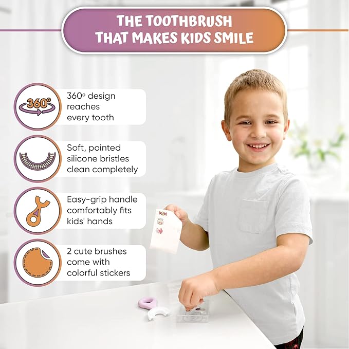 Kids' U Shaped Toothbrush Age 2-6 - Two Premium Soft Toothbrushes Come with 2 Travel Cases - Sensory Toothbrush - Round Silicone Toothbrush Head Makes Brushing Fun & Easy - 1 Purple, 1 Yellow