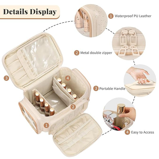 Large Makeup Bag, Portable Travel Makeup Bag Organizer for Women Girls with Makeup Brush Compartment & Two Side Pockets, Cosmetic Travel Bag Vertical Storage Toiletry - White