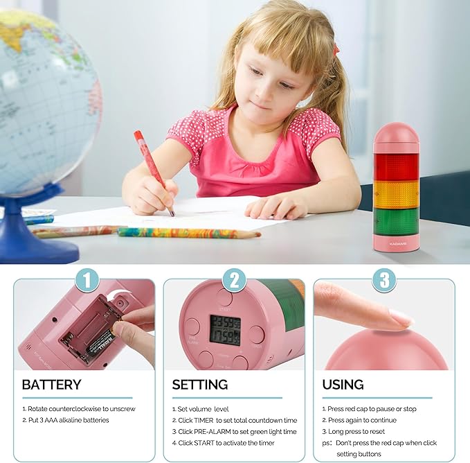 KADAMS Visual Timer for Kids with Audio Pre-Alarm - Traffic Light Alarm for Kids Toddler Teachers Classroom Home Time Management Tool 24hr Countdown Pause Memory Function, Pink