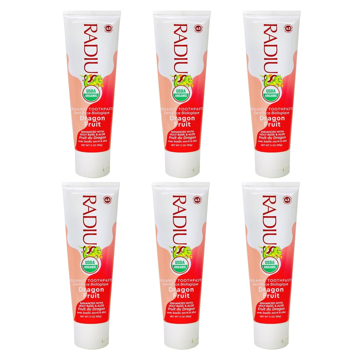 RADIUS USDA Organic Kids Toothpaste 3oz Non Toxic Chemical-Free Gluten-Free Designed to Improve Gum Health for Children's 6 Months and Up - Dragon Fruit - Pack of 6