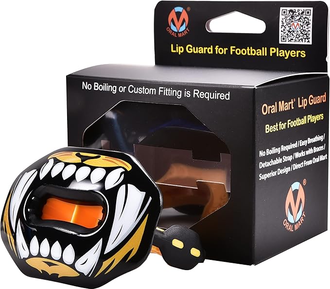 Oral Mart Flag Football Mouth Guard with 3D LipFit Design for Kids - Youth Tackle Football Mouthguard (No Boil) Cool Instant Fit Lip Guard Mouthpiece for Braces (Detachable Helmet Strap Included)