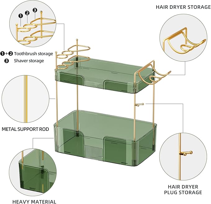 2 Tier Bathroom Counter Organizer with Hair Dryer Holder, Modern Style, Countertop Mount, 2 Shelves, Green