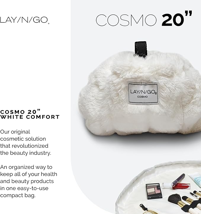 Lay-n-Go Cosmo Drawstring Cosmetic & Makeup Bag Organizer - Portable Drawstring Makeup Bag w/Zipper Pocket, Makeup Loops & More - Durable, Machine Washable Toiletry Bag (20", Comfort/White)