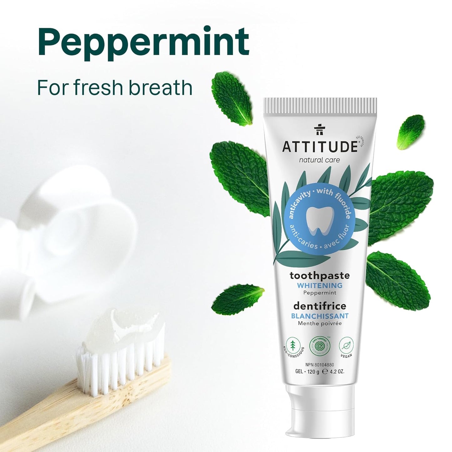 ATTITUDE Toothpaste with Fluoride, Prevents Tooth Decay and Cavities, Vegan, Cruelty-Free and Sugar-Free, Whitening, Peppermint, 4.2 Oz (Pack of 2)