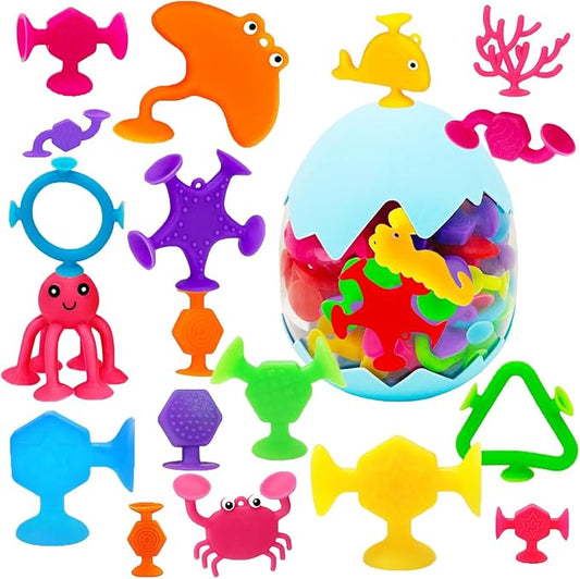 Suction Bath Toys for Kids, 33 Pcs Silicone Bathtub Suction Cup Toys, Travel Sensory Window Building Toys for Toddlers Boys Girls 3 4 5 6 Year Old