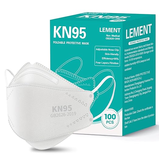 LEMENT KN95 Face Masks - 100 Pack Breathable Comfortable Disposable Masks For Adult, Filter Efficiency≥95%, Elastic Ear Loops, White
