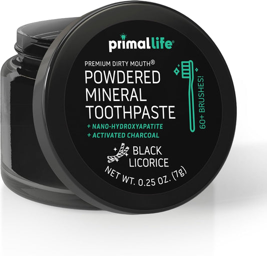 Primal Life Organics - Dirty Mouth Toothpowder, Activated Charcoal Tooth Cleaning Powder, Essential Oils Natural Kaolin Bentonite Clay, 60+ Brushings, Organic Vegan (Charcoal Black Licorice, 0.25 oz)