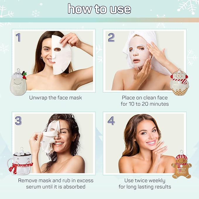 SpaLife Beauty Holiday Treats Christmas Face Mask Bundle | Korean Facial Mask | Hydrating, Soothing and Moisturizing Sheet Mask Set | Stocking Stuffers for Women | Bulk Christmas Gifts | 12 Pack