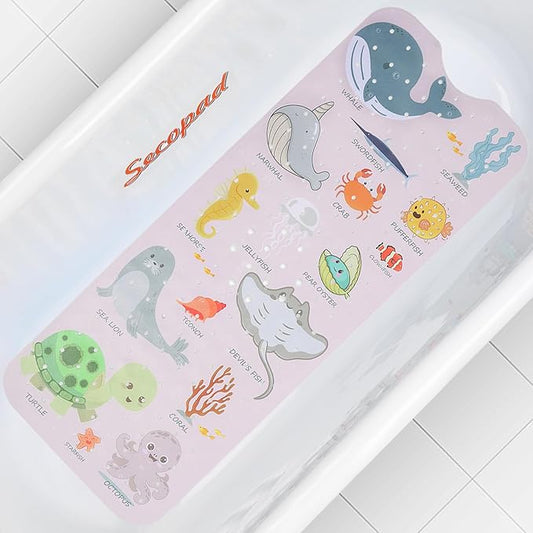 Bath Mat for Tub Non Slip, Machine Washable Anti-Slip Cartoon Baby Bathtub Shower Mat with Drain Holes and Suction Cups for Toddler & Kids, 40 Inch x 16 Inch, Pink Sea Animals