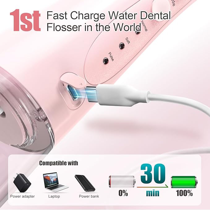 Nicefeel Water Dental Flosser Teeth Pick - Fast Charge Cordless Teeth Cleaner, 3 Modes Portable Oral Irrigator, IPX7 Waterproof Electric Water Dental Flosser for Tonsil Stone, 300ML Tank