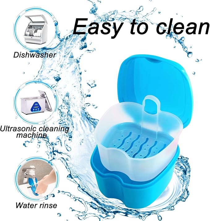 Keedolla 2 Pack Cute Denture Cups Denture Bath Container for Soaking False Teeth, Denture Storage Container Soaking Bath Case with 2 Brush - Blue and White