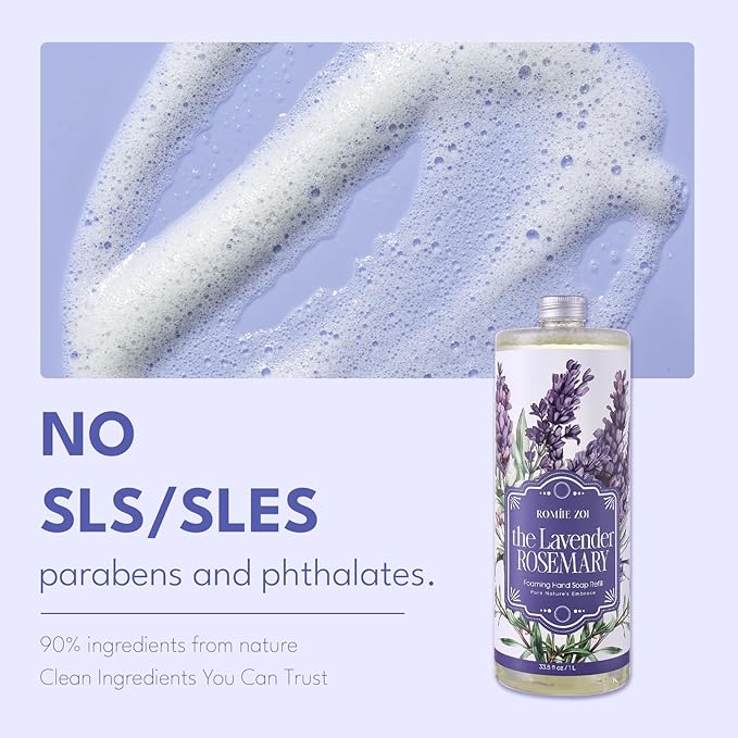 ROMIIE ZOI Foaming Hand Soap Refill Gift Set-3 Pack with Dispenser, Cruelty-Free and Biodegradable Formula, Moisturizing with Essential Oil for Sensitive Skin,Lavender Rosemary Scent,(33.8 Fl Oz x 3)