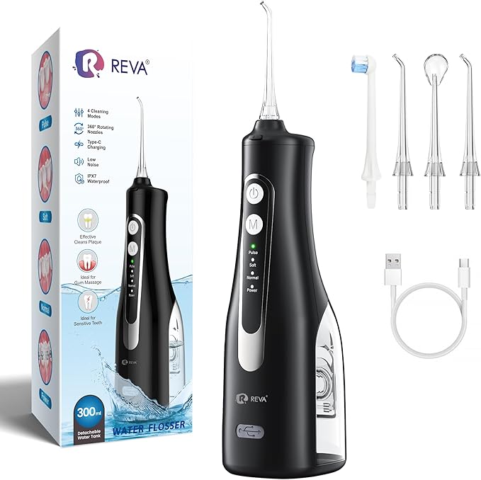Cordless Oral Irrigator - 4 Modes Water Flosser for Teeth Cleaning, 300ML Reservoir, 360° Nozzle, IPX7 Waterproof, 2000mAh Rechargeable Battery, 4 Jet Tips, Smart Memory Function (M149 - Black)