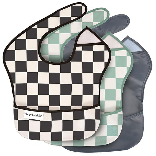 Tiny Twinkle Mess-Proof Baby Bibs for Eating | Waterproof, Wipeable Toddler Bibs with Catch-All Pocket | Feeding Bibs for Girls & Boys(3 Pack,Checkers Boy)