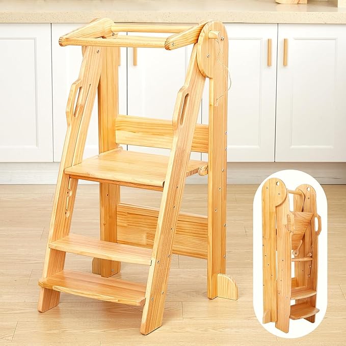 FUNLIO Foldable Kitchen Step Stool, Montessori Step Stool for Kids 2-6 Years, 3-Level Height Adjustable Standing Tower, CPC & CE, Easy to Assemble, Natural
