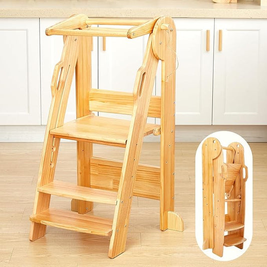 FUNLIO Foldable Kitchen Step Stool, Montessori Step Stool for Kids 2-6 Years, 3-Level Height Adjustable Standing Tower, CPC & CE, Easy to Assemble, Natural