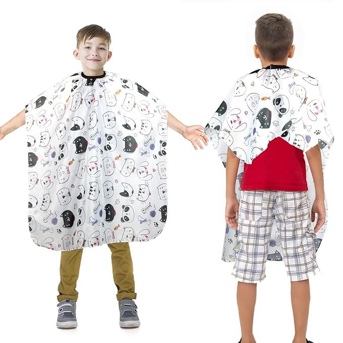 Kids Barber Cape with Neck Duster Brush, Professional Salon Hair Cutting Cape with Adjustable Snap Closure(Cartoon Cat)