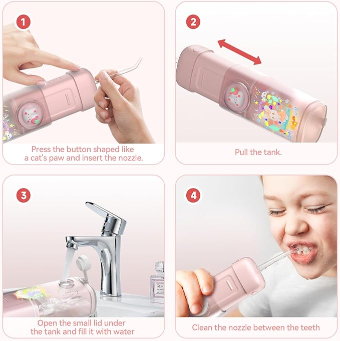 Kids Water Flosser,3 Modes Cordless Portable Water Teeth Cleaner,4 Replaceable Nozzles,IPX7 Waterproof Oral Irrigator Rechargeable,Professional Flossing Cleaning Picks for Home Travel (Pink)