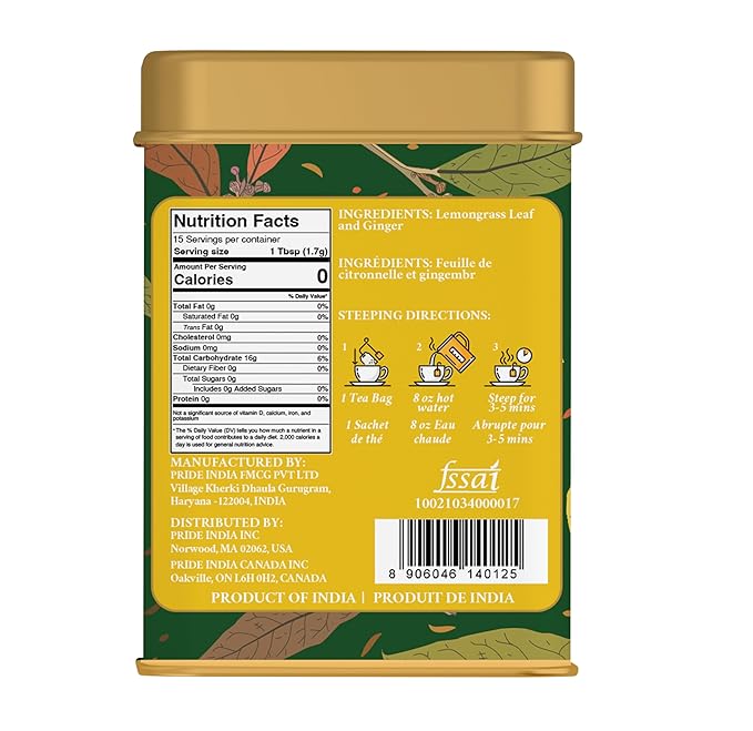 Pride of India | Lemongrass Ginger Zesty Fresh Tea | 15 Pyramid Full Leaf Individually Wrapped Tea Bags | 100% Herbal Blend from Single Origin | Tangy & Spicy Flavor | Caffeine-Free