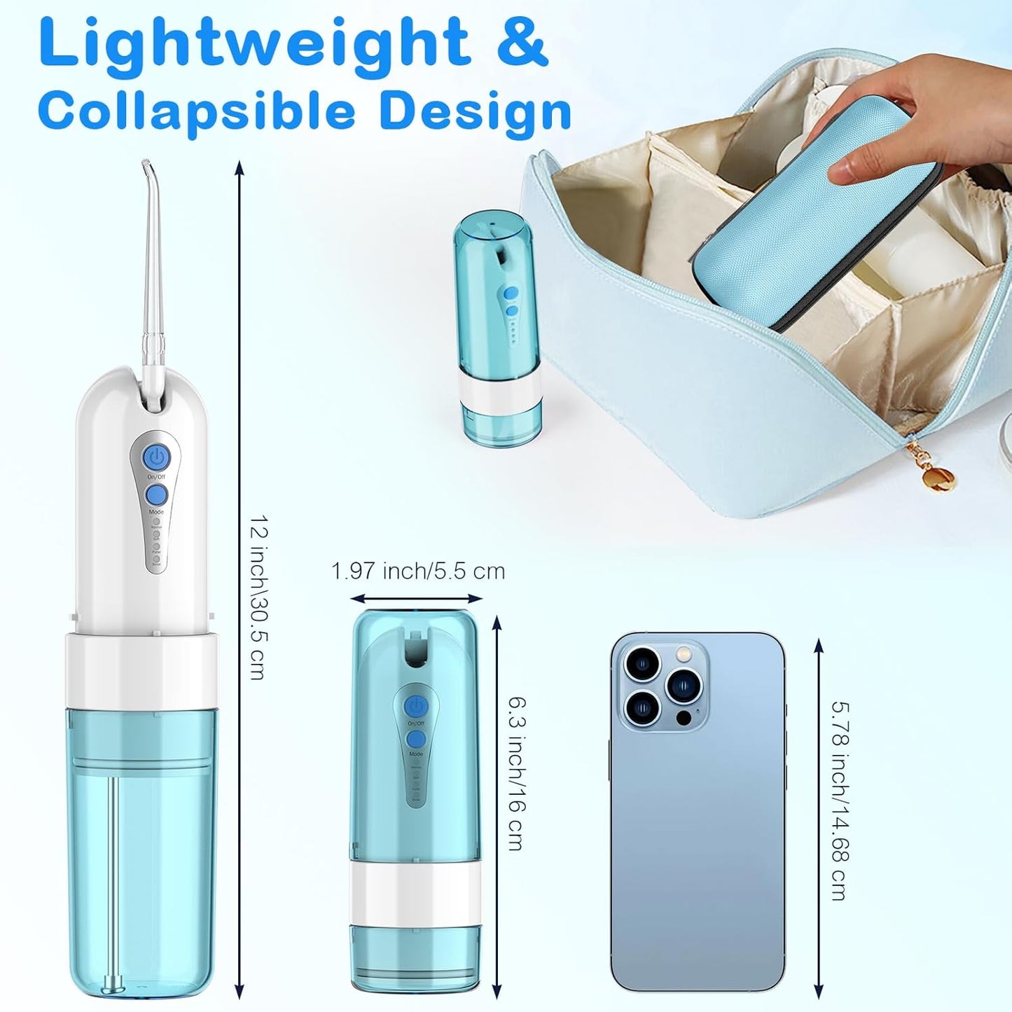 Water Dental Flosser for Teeth Cleaning and Flossing with Travel Size Case – Rechargeable Oral Irrigator, KOOVON Portable Water Flosser for Adults, IPX7 Waterproof, 5 Jet Tips & 4 Modes, Blue