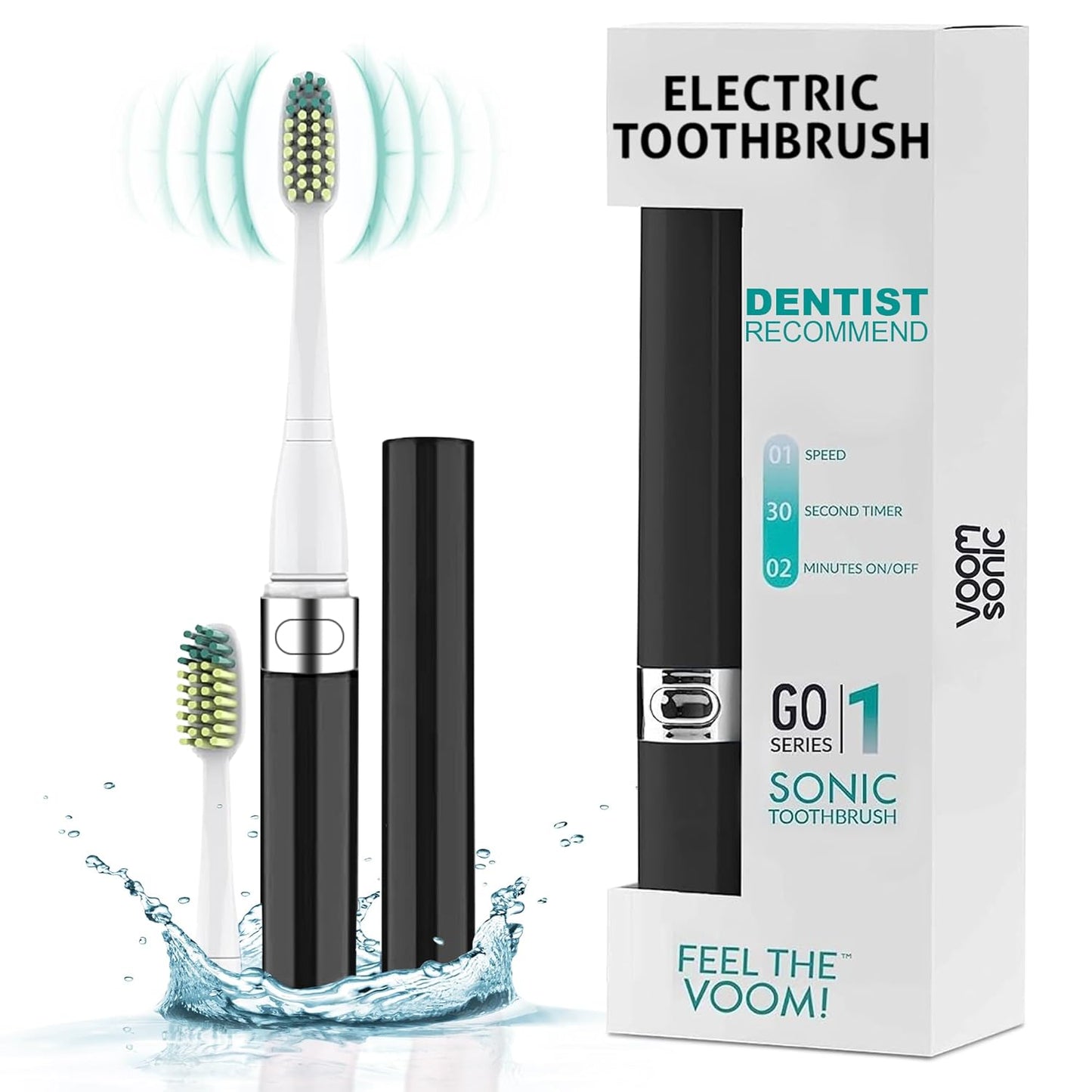 Voom Sonic 2-Pack Hers & His Go 1 Series Travel Electric Toothbrush (Black+Blue), Travel Toothbrushes - Battery Operated Toothbrush for Adults & Kids, Dentist Recommended Toothbrush,