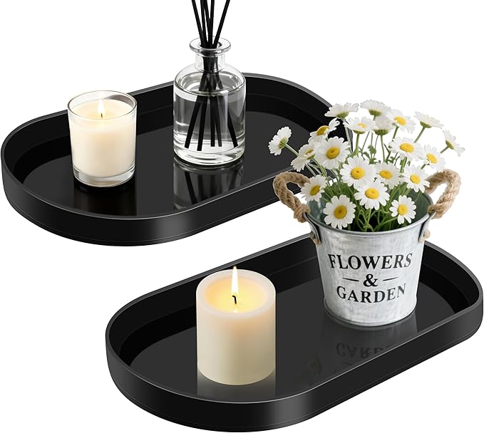 Acrylic Vanity Serving Tray–14"x8.5" Decorative Capsule Shape Tray for Bathroom, Dresser, Coffee Table – Sleek Minimalist Lucite Tray for Perfume, Jewelry, Makeup Organizer (2Pack, Glossy Black)