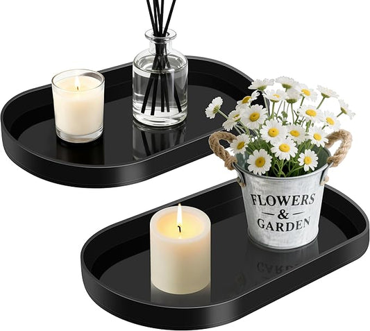Acrylic Vanity Serving Tray–14"x8.5" Decorative Capsule Shape Tray for Bathroom, Dresser, Coffee Table – Sleek Minimalist Lucite Tray for Perfume, Jewelry, Makeup Organizer (2Pack, Glossy Black)