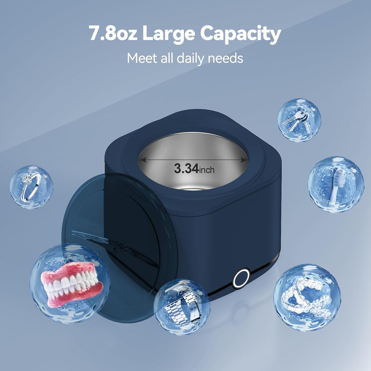 Retainer Cleaner, 48kHz Ultrasonic Retainer Cleaner Machine for Denture, Mouthguard, Braces, Night Guard, Aligner, Toothbrush, Jewelry with 7.8OZ Dental Cleaning Pod-Blue