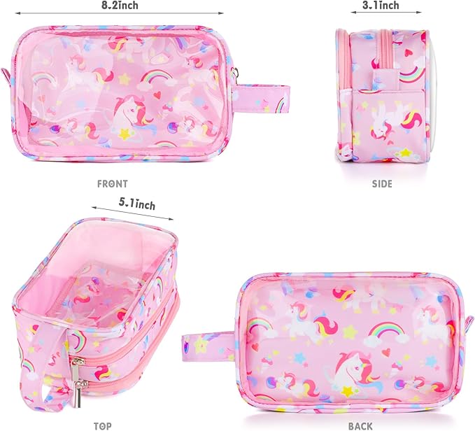 Kids Toiletry Bag for Girls, Travel Clear Toiletry Bag for Little Young Girls Cosmetic Bag Makeup Bag Waterproof Hanging Toddler Wash Bag, Pink Unicorn
