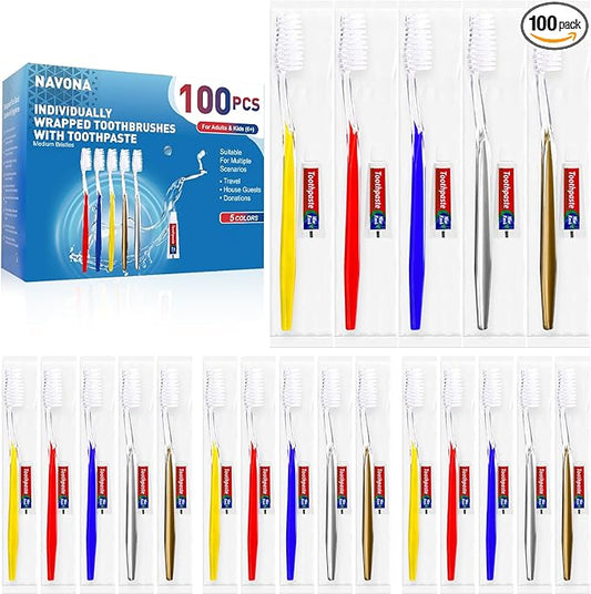 Navona 100 PCS Travel Toothbrush and Toothpaste Set, Travel Toothpaste, Bulk Toothpastes, Individually Wrapped Bulk Toothbrush, Ergonomics Handle,Medium Soft Bristle, Perfect for Hotel