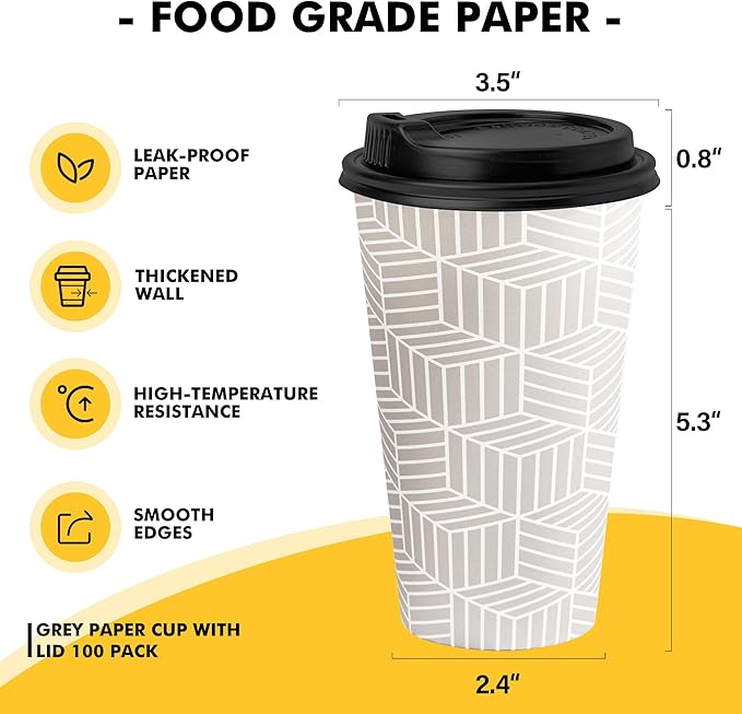 16 oz Disposable Coffee Cups with Lids 100 Pack, Hot Paper Coffee Cups with Lids, To Go Cup with Lid