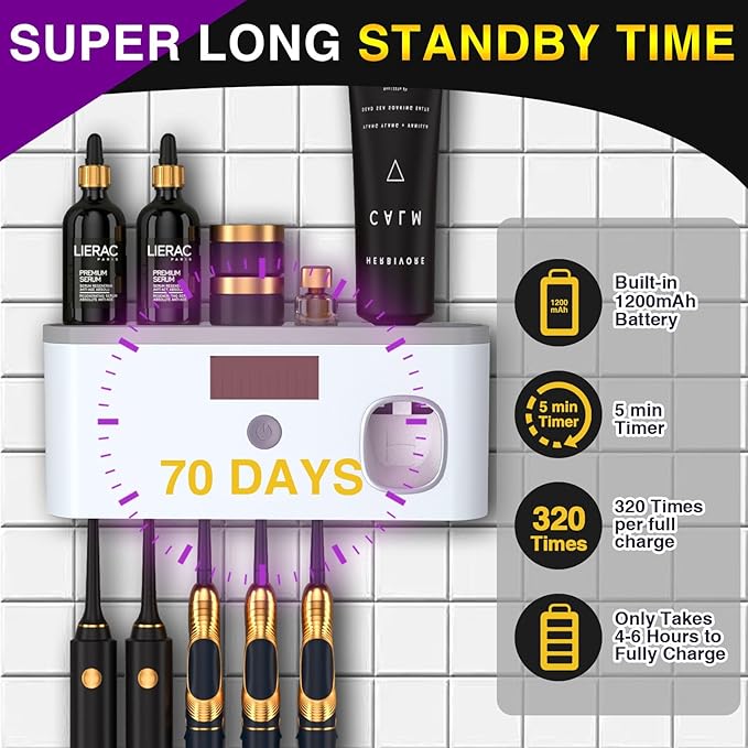 Wall Mounted Toothbrush Holder with Toothpaste Dispenser Electric Toothbrush Holder for Bathroom Solar Charging and No Drilling Required Smart Toothbrush Organizer with 5 Brush Slots