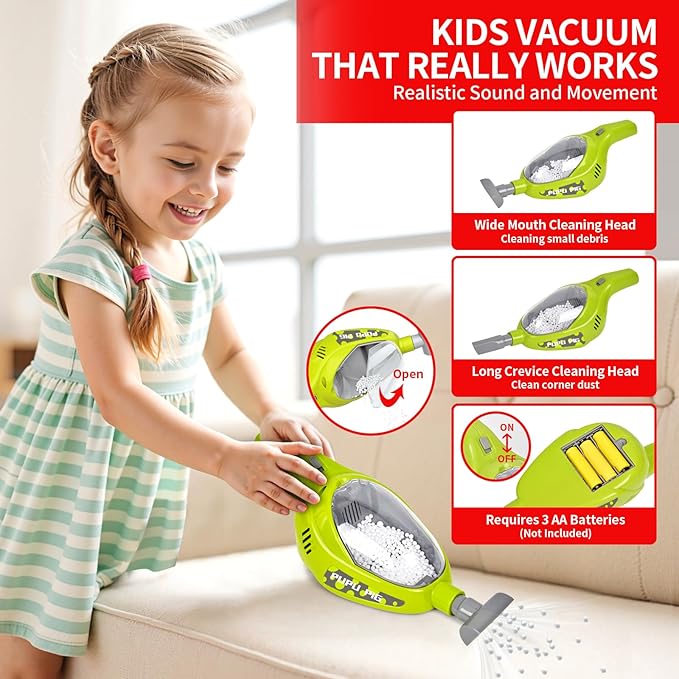 Kids Cleaning Toy Set, Toddler Cleaning Set, Pretend Play Cleaning Toys with Handheld Vacuum That Really Works,Cleaning Supplies,Cleaning Cart for Kids Toddler Christmas Birthday Gift(Red)