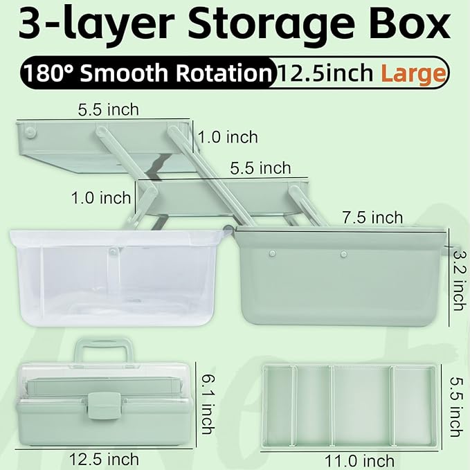 12.5in 3-Layer Multipurpose Craft Organizers and Storage with Adjustable Dividers, Portable Tackle Box, Folding Art & Craft Case for Medicine, Tool, Sewing Organizer (Haze Green)