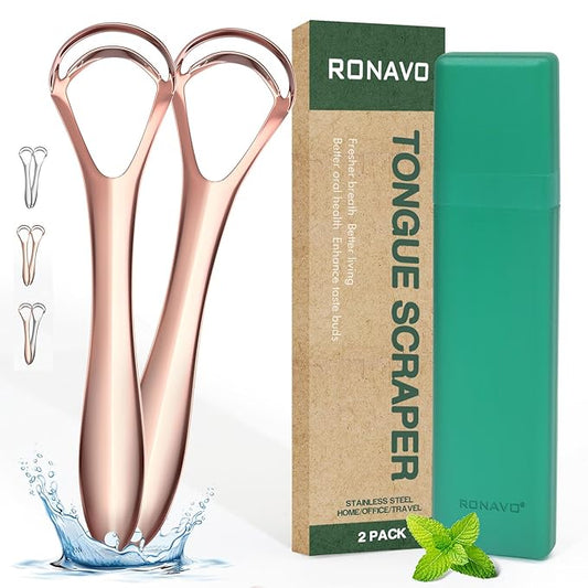 RONAVO Tongue Scraper (Elegant in Rose Gold), Tongue Cleaner for Elegant Women, Metal Tongue Scraper | Take Care of Your Shining Tongue, Remove Tongue Coating, Reduce Bad Breath, with Travel Case