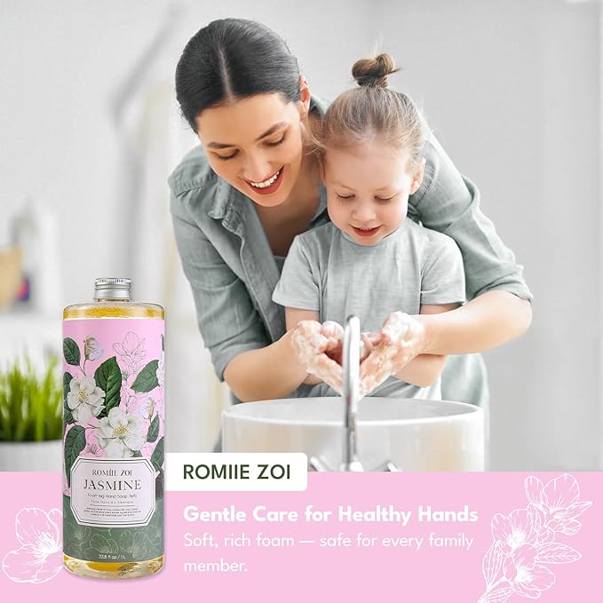 ROMIIE ZOI Natural Jasmine Foaming Hand Soap Refills 3-Pack (33.8 Fl Oz Each) with Dispenser - Plant-Based, Non-Toxic, Large Volume for Kitchen, Bathroom - Great Value Gift Set for Housewarming