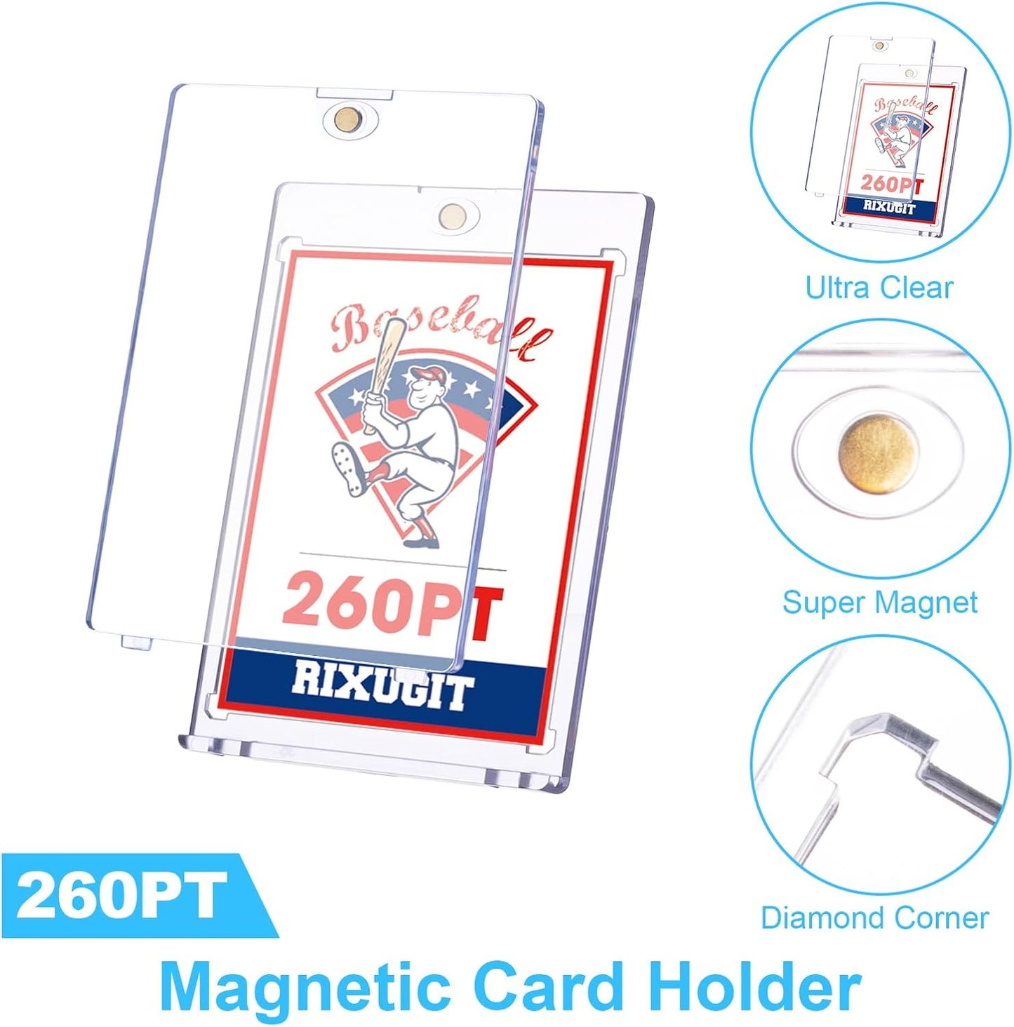 10-Pack Magnetic Card Holder for Trading-Cards - 260PT Clear Trading Card Sleeves, Magnetic Card Case for Baseball Cards, Card Protectors Hard Plastic, Display Case for Game Cards and Sports Cards